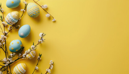 Fototapeta premium Decorated easter eggs and wildflowers isolated on a yellow background, copy space