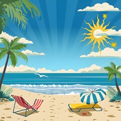 Fototapeta na wymiar Beach vacation with sun, palms, and deck chairs - Tropical beach illustration with deck chairs, umbrella and the sun with face ornament above the ocean
