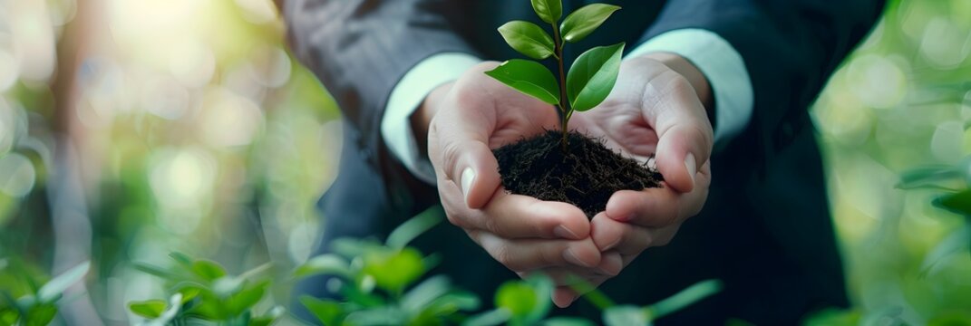 Hands cradling a sapling with soil - A close-up shot capturing a moment of environmental care, with a person holding a young plant with soil, representing growth and conservation