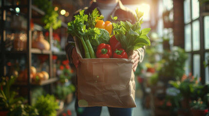 Man holding paper grocery shopping bag with fresh vegetables