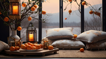 Coffee table with tangerines and cushions on floor