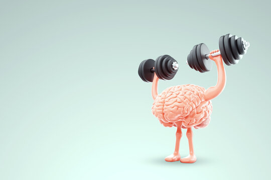 Concept of exercise for the brain, the brain is engaged in lifting dumbbells on a light background, education, brain power, high IQ. 3D render, copy space.