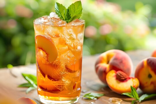 Iced peach tea with fresh fruit garnish - Refreshing cold peach tea in a glass, enriched with vibrant slices of fresh peaches and mint, perfect for a hot summer day