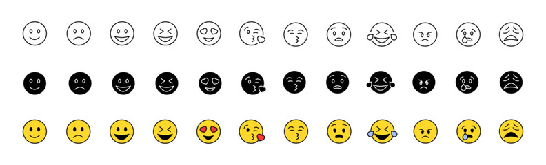 Emoji icon collection. Emoticons set. Linear, silhouette and flat style. Vector icons
