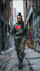 A black girl in camouflage street clothes, against the background of urban graffiti