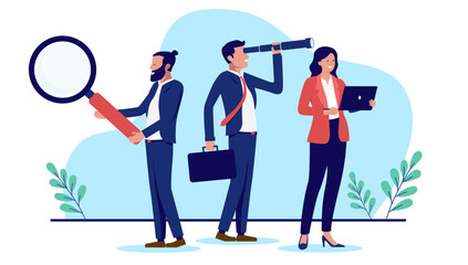 Business research team - Group of three businesspeople with magnifying glass, binocular and computer looking for opportunities together. Flat design vector illustration with white background