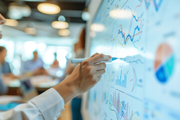 Close-up of an East Asian individual presenting ideas on a whiteboard, with the focus on the hand and marker detailing graphs and bullet points.