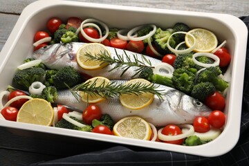 Raw fish with vegetables and lemon in baking dish on table