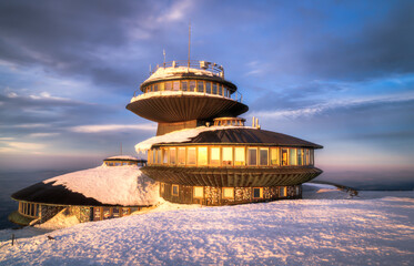 high-mountain meteorological observatory on Śnieżka in the Karkonosze Mountains in Lower Silesia, Poland.