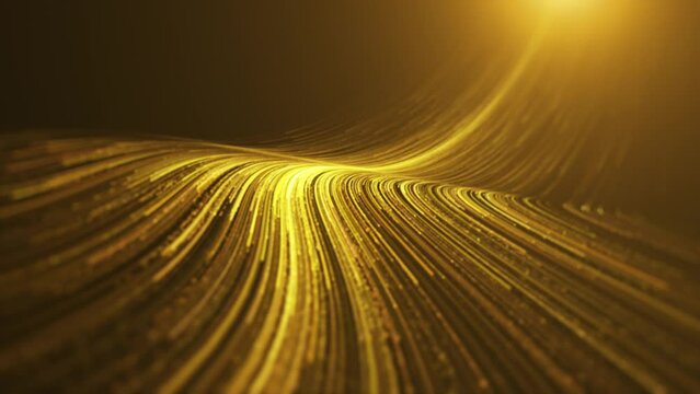 Luxury golden particle light flow, gold particle stripes. Golden stream with striped, flowing neon curve lines background.