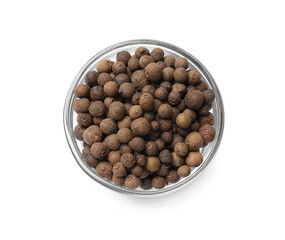 Dry allspice berries (Jamaica pepper) in bowl isolated on white, top view
