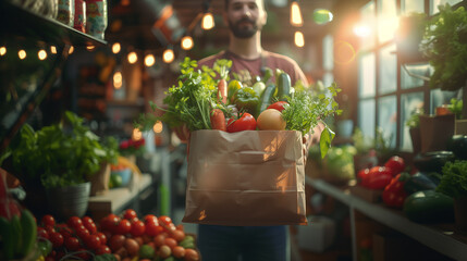 Man holding paper grocery shopping bag with vegetables - Powered by Adobe