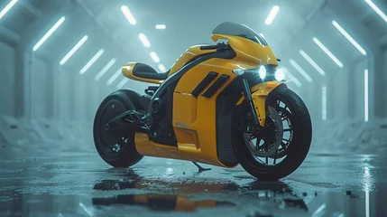 Foto op Plexiglas a yellow electric motorbike in a white void room, nothingness © growth.ai