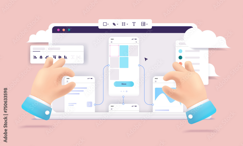 Fototapete Design prototype work - Laptop screen with hands working in wireframe and prototyping software. UX design concept in flat design, front view vector illustration