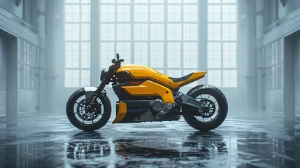 Foto op Canvas a yellow electric motorbike in a white void room, nothingness © growth.ai