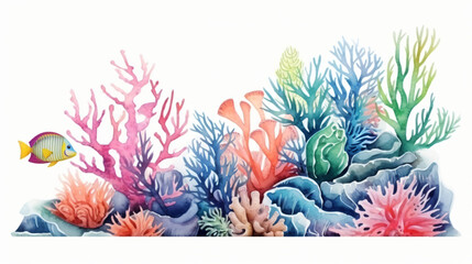 Fototapeta na wymiar Coral reef underwater blue watercolor illustration