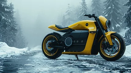 Foto auf Acrylglas a yellow electric motorbike in a white void room, nothingness © growth.ai