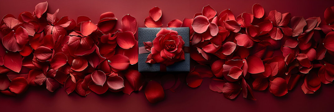 Valentine's Day red background with red petals
A gift box of romantic love on valentines day pragma