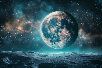 A surreal view of a cratered lunar surface with a large, detailed imaginary planet rising against a star filled sky.