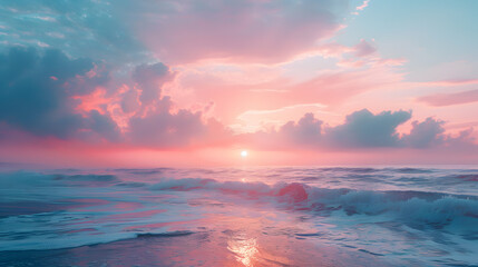 A photo featuring the soft hues of dawn reflecting off the surface of the ocean, creating a mesmerizing display of light and color. Highlighting the peacefulness of the morning and the beauty of natur