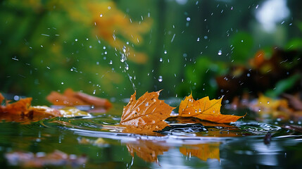 Maple leaves floating on water with a splash. The background is blurred. The image is taken at a close-up angle. - obrazy, fototapety, plakaty