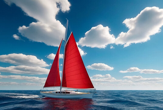 Sailboat with open scarlet sail in sea at blue sky with clouds horizon background. Luxury summer adventure on sailing yacht. Transportation, cruise, sailing, yachting concept. Copy text space