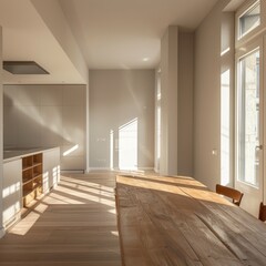 an empty wooden table in the right in the clean furnished modern apartment