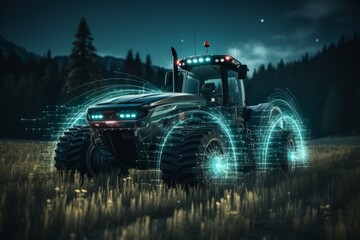 Technology in argiculture concept - modern tractor in the field with neural network