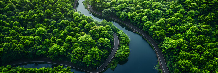 grass and water,
Aerial view of road between green forest and river