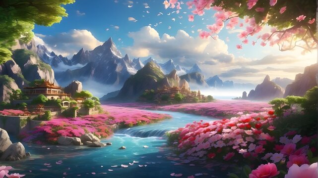 "Immerse yourself in a world of fantasy and wonder with this 4k ultra HD anime-style image. A lush flower garden blooms along the edge of a tranquil river, its vibrant colors and delicate petals captu