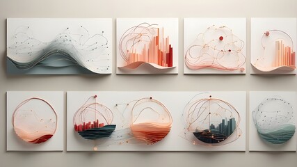 set of hand drawn illustrations, A series of interconnected graphs, each representing a different aspect of data, rendered in a minimalist and elegant style, with subtle shades and textures.