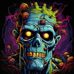 Portrait of Zombie Head Graphic Design with yellow Eyes in Black and purple Background