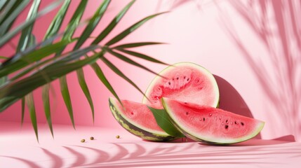 Fresh watermelon. Close up, delicious watermelon slices. Healthy fruit, sweet, refreshing. Isolated on pink background. Room for copy space.
