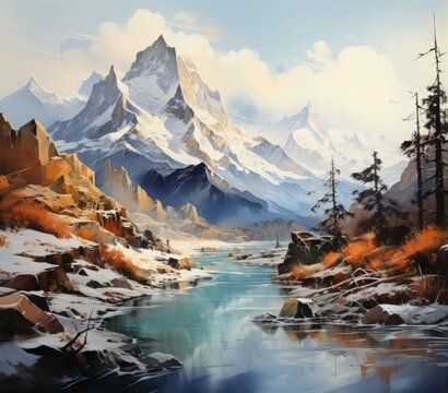 Nature Painting of snowy mountains and lake in Between With Trees and Clear sky