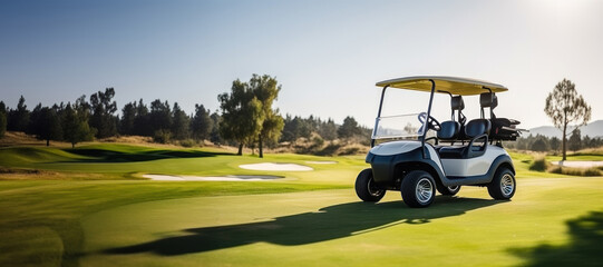A golf cart stands on a golf course at dawn.