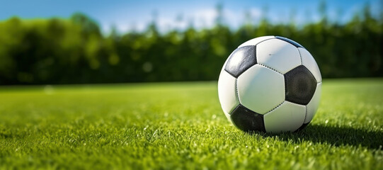 Soccer ball on a green lawn with copy space.	