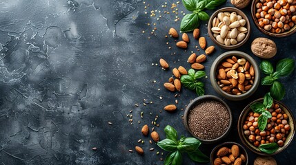 Vegan food with nuts and almonds. A gray background with text copy space - obrazy, fototapety, plakaty