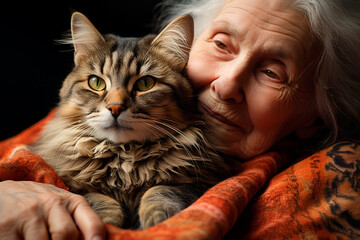Cute grandmother with a fluffy cat in her arms close-up, portrait
