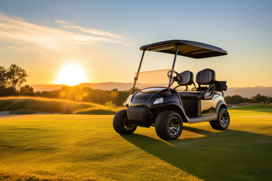 A golf cart stands on a golf course at dawn.