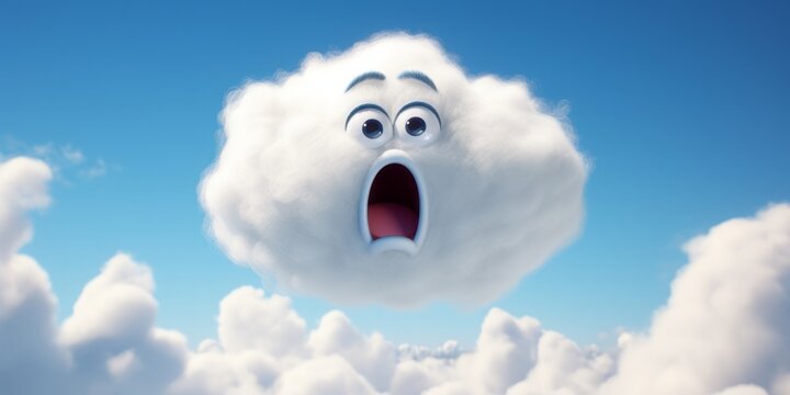 3D Cartoon Cloud Shocked face in the Clear Blue Sky