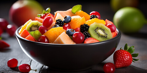 Fresh tasty mix fruit salad isolated on black background bowl of fruit salad with raspberries - obrazy, fototapety, plakaty