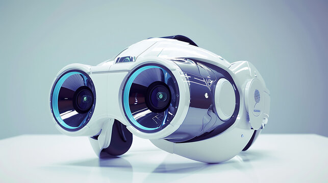 Futuristic virtual reality headset with a sleek design. The headset is white and has a blue light on the front.