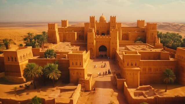 Ancient traditional architecture. Golden fortress in desert. Sandy landscape. Beautiful towers and gateways. Historical cultural building background. Palm tree. Old Arabian castle. Arabic tourism spot