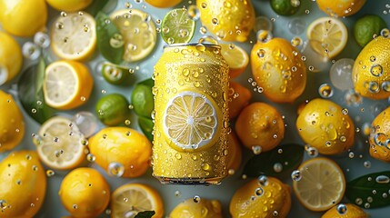 white plain soft-drink can 330ml floating, whole lemons and limes in the air scattered, vibrant background of yellow and lime green colour, tropical vibes