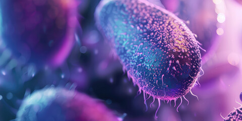 Abstract Microscopic Amoebas in Vivid Colors. Close-up 3D rendering of amoeba with translucent bubbles, macro view, scientific and educational use.