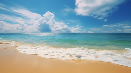 Fototapeta na wymiar Golden sand beach by the sea with emerald green