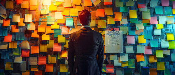 A picture of man standing in front of a wall covered in sticky notes, back view, creative concept of strategic business planning, organization of thinking. - Powered by Adobe