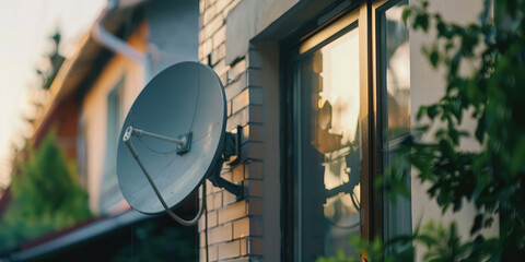 Modern Home Satellite Dish. Satellite TV dish installed on a country house exterior.