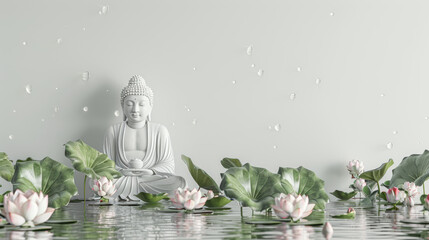 A white Buddha statue in meditation, with pink lotus flowers and green leaves on water, under a soft rain. Vesak day background - obrazy, fototapety, plakaty