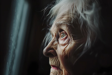 Senior woman face portrait closeup, side view. Sad old female holding her head. Lonely elderly woman, depressed after retirement, thinking about life. Decreased mind function, memory loss - obrazy, fototapety, plakaty